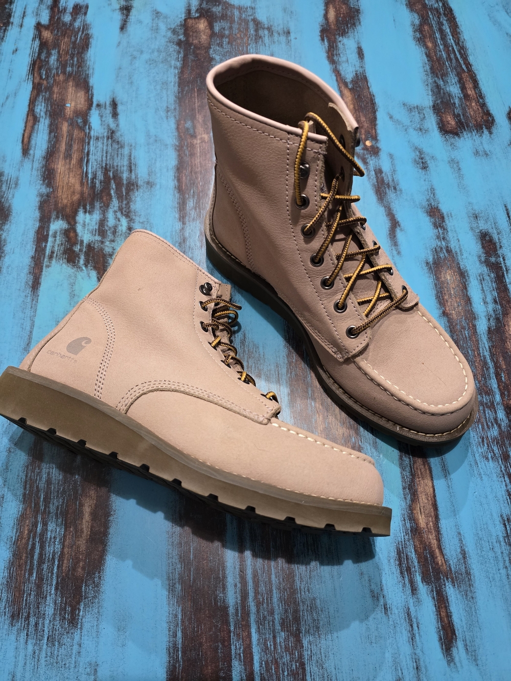 Carhartt Light Pink Lace-Up Moc Toe Work Boots with Yellow Contrast Laces